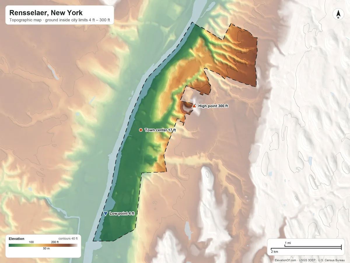 Topographic elevation map of Rensselaer, New York, shaded from 4 ft on the southwest side to 300 ft on the northeast side