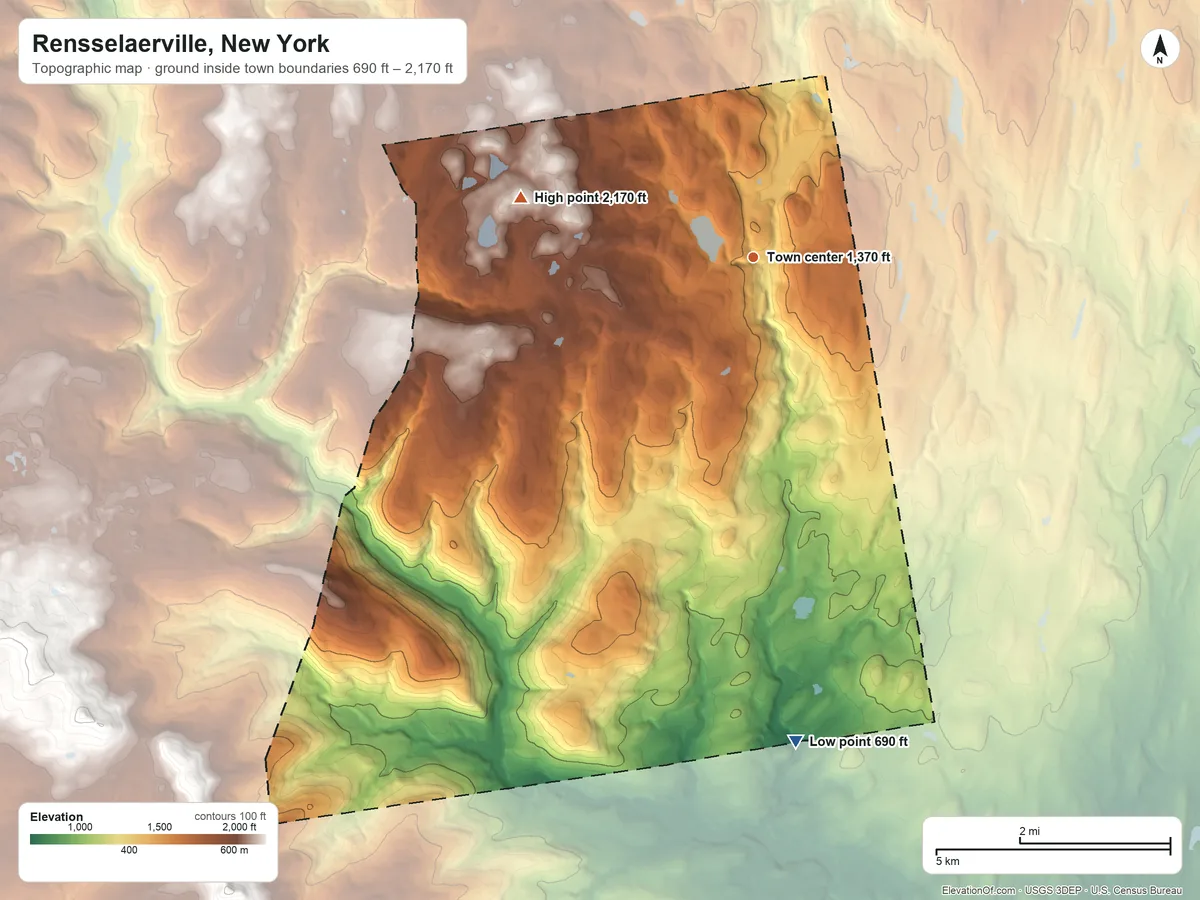 Topographic elevation map of Rensselaerville, New York, shaded from 690 ft on the south side to 2,170 ft on the west side