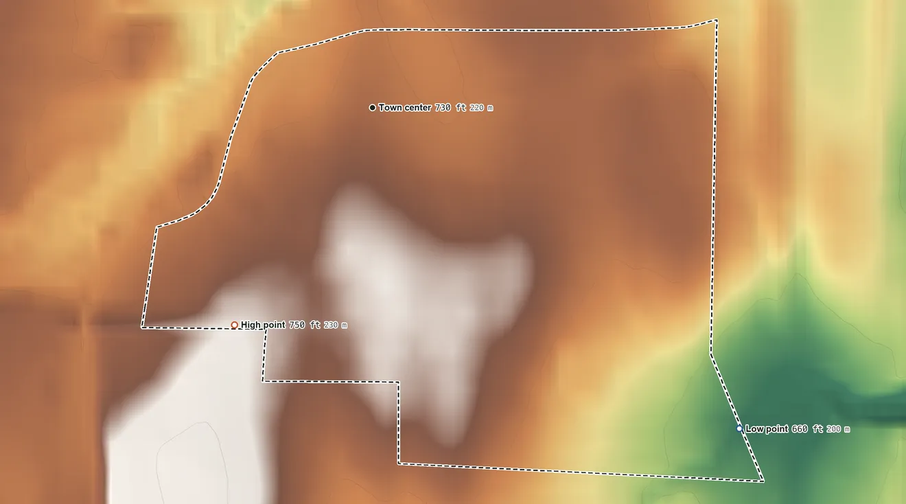Topographic elevation map of Retsof, New York, shaded from 660 ft on the southeast side to 750 ft on the southwest side