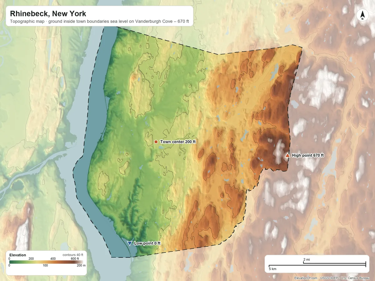 Topographic elevation map of Rhinebeck, New York, shaded from sea level level on Vanderburgh Cove to 670 ft on the east side
