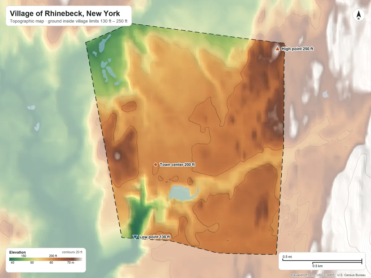 Topographic elevation map of Village of Rhinebeck, New York, shaded from 130 ft on the south side to 250 ft on the northeast side