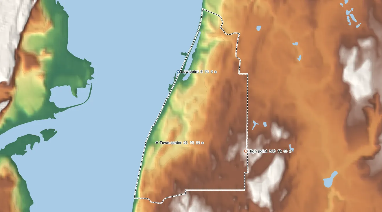 Topographic elevation map of Rhinecliff, New York, shaded from 0 ft on the north side to 210 ft on the east side