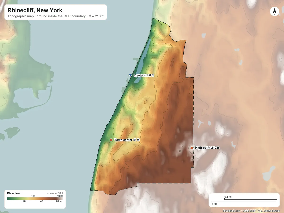 Topographic elevation map of Rhinecliff, New York, shaded from 0 ft on the north side to 210 ft on the east side