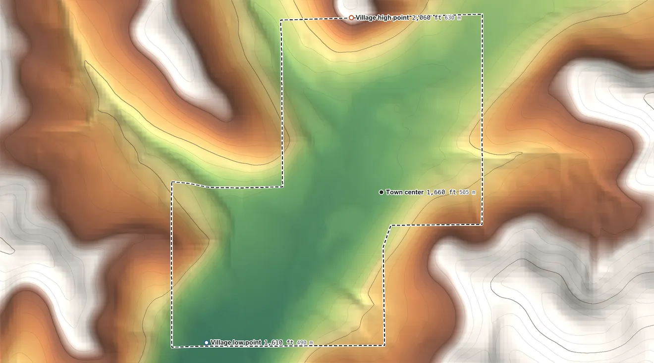 Topographic elevation map of Richburg, New York, shaded from 1,610 ft on the southwest side to 2,060 ft on the north side