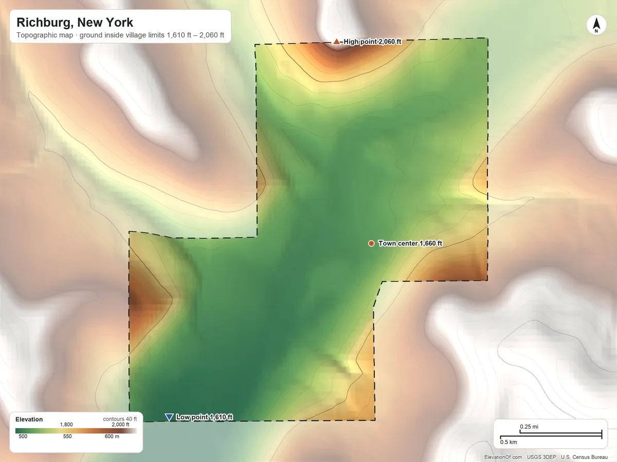 Topographic elevation map of Richburg, New York, shaded from 1,610 ft on the southwest side to 2,060 ft on the north side