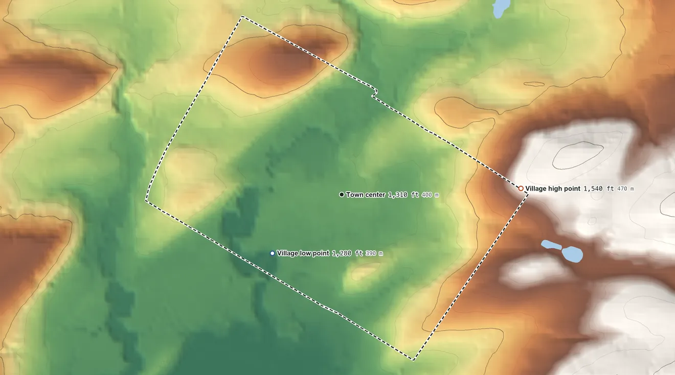 Topographic elevation map of Richfield Springs, New York, shaded from 1,280 ft on the southwest side to 1,540 ft on the east edge, below higher ground just outside