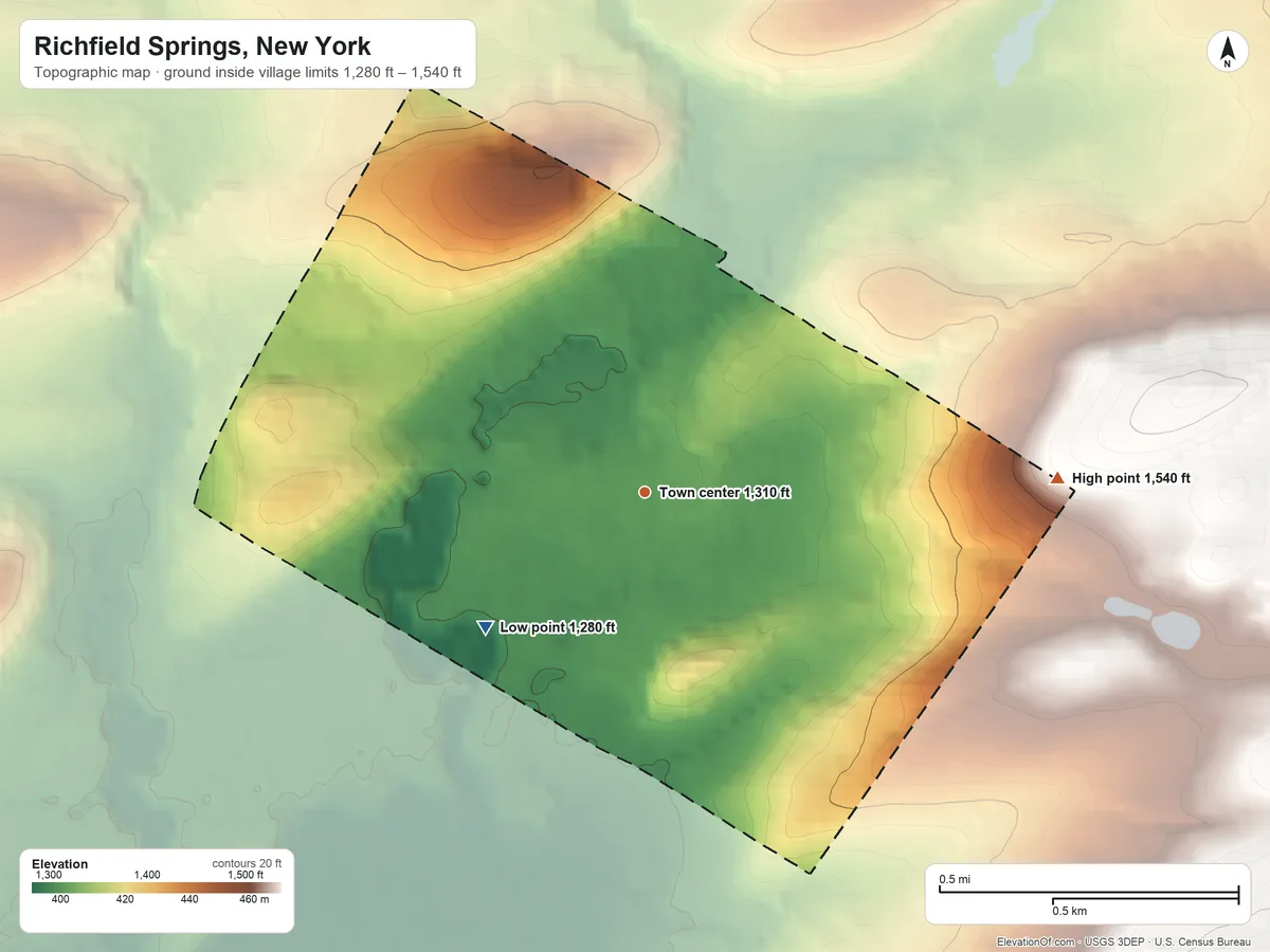 Topographic elevation map of Richfield Springs, New York, shaded from 1,280 ft on the southwest side to 1,540 ft on the east edge, below higher ground just outside