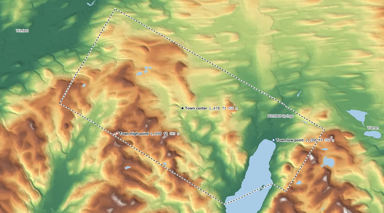 Topographic elevation map of Richfield, New York, shaded from 1,280 ft on the east side to 1,990 ft on the west side