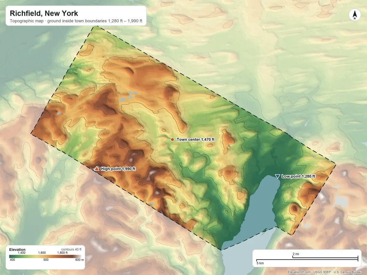 Topographic elevation map of Richfield, New York, shaded from 1,280 ft on the east side to 1,990 ft on the west side
