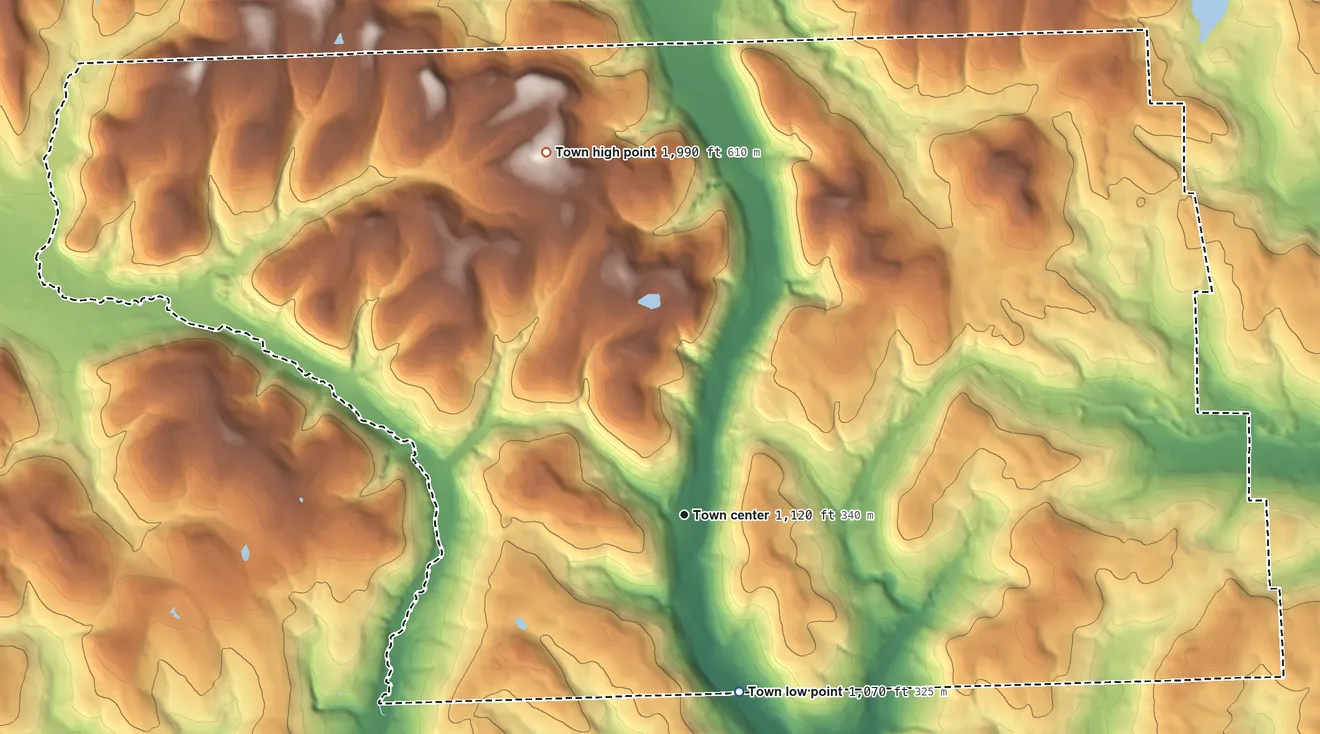 Topographic elevation map of Richford, New York, shaded from 1,070 ft on the south side to 1,990 ft on the north side