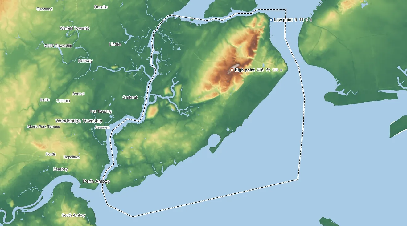 Topographic elevation map of Richmond County, New York, shaded from sea level on Upper New York Bay to 410 ft on Todt Hill