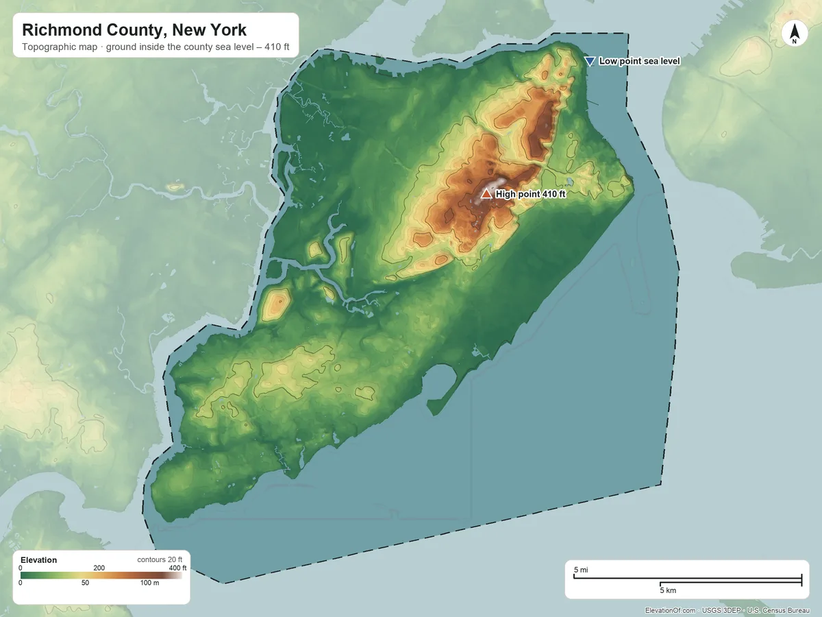 Topographic elevation map of Richmond County, New York, shaded from sea level on Upper New York Bay to 410 ft on Todt Hill