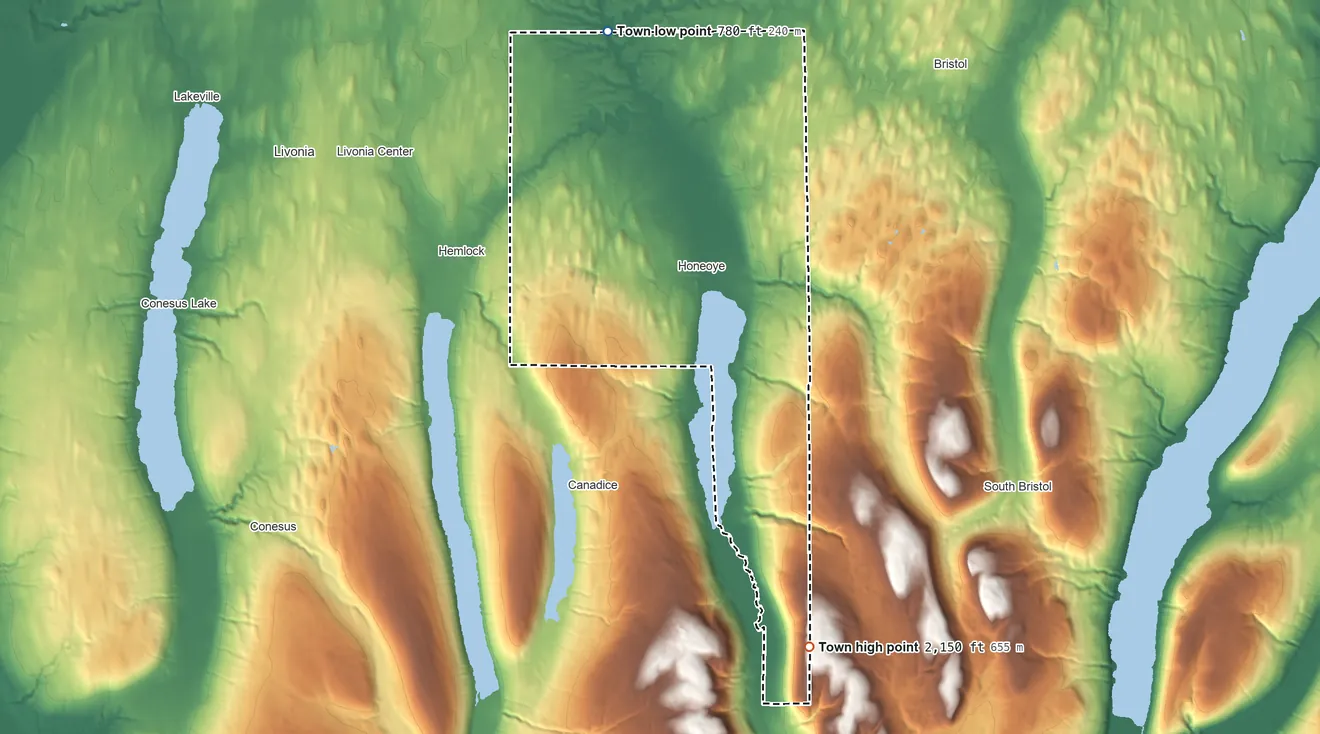 Topographic elevation map of Richmond, New York, shaded from 780 ft on the north side to 2,150 ft on the south side