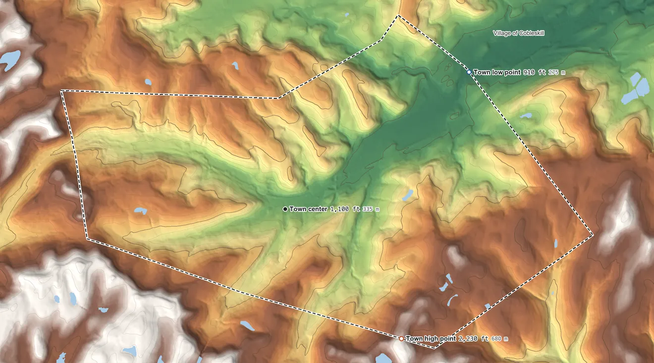 Topographic elevation map of Richmondville, New York, shaded from 910 ft on the northeast side to 2,230 ft on the southeast side