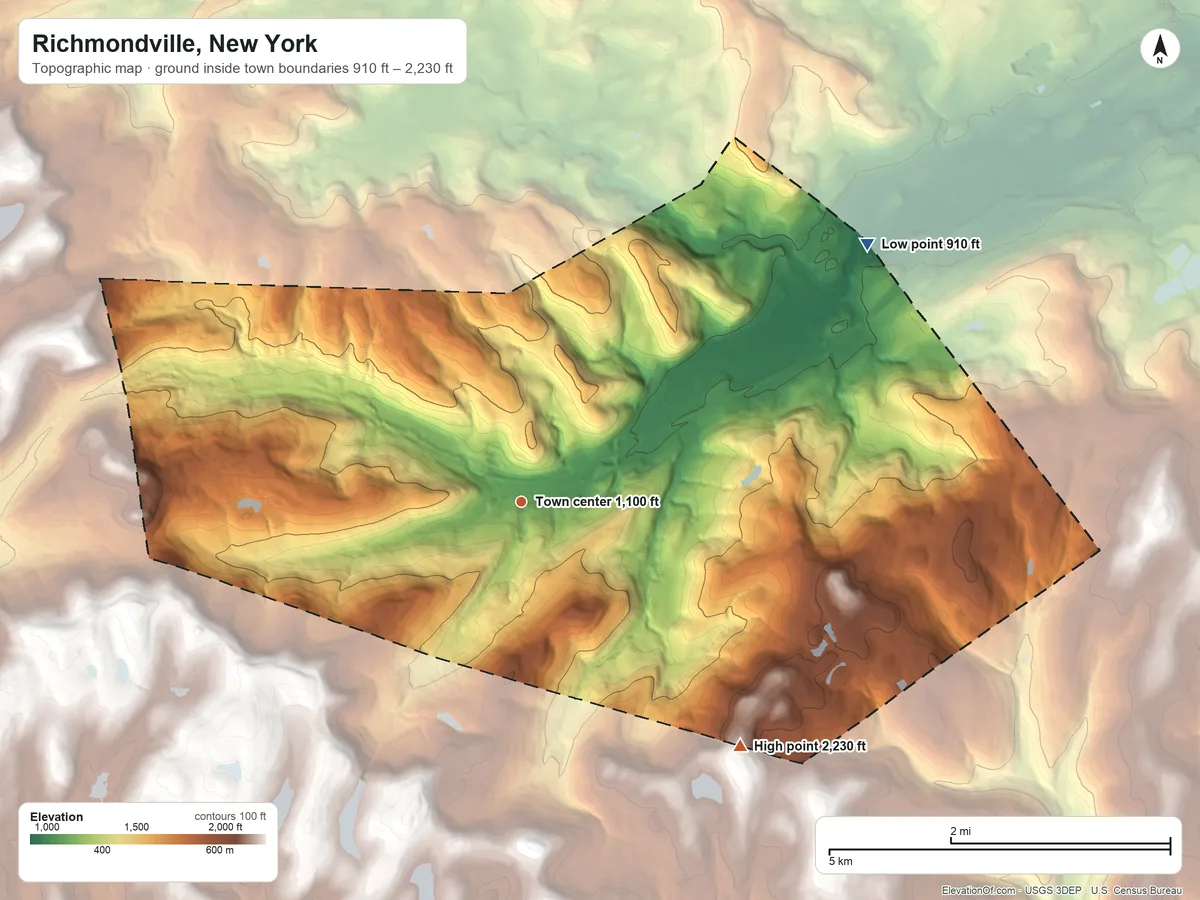 Topographic elevation map of Richmondville, New York, shaded from 910 ft on the northeast side to 2,230 ft on the southeast side