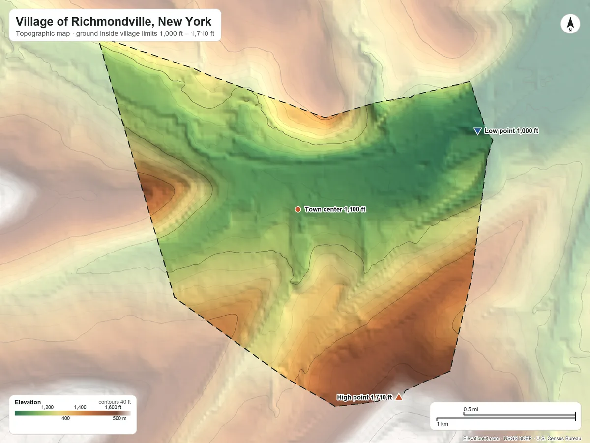 Topographic elevation map of Village of Richmondville, New York, shaded from 1,000 ft on the northeast side to 1,710 ft on the southeast edge, below higher ground just outside