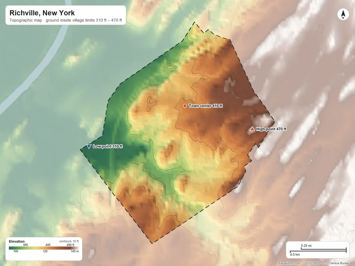 Topographic elevation map of Richville, New York, shaded from 310 ft on the southwest side to 470 ft on the east side