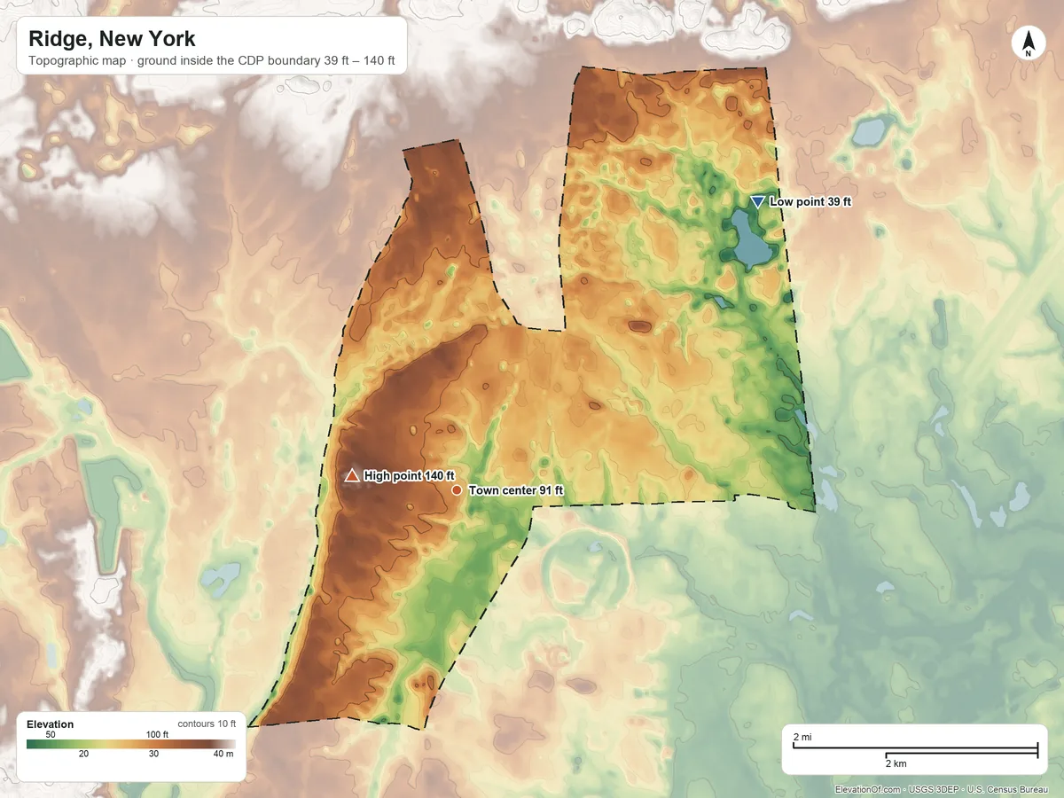 Topographic elevation map of Ridge, New York, shaded from 39 ft on the northeast side to 140 ft on the west side