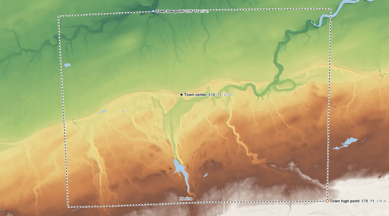 Topographic elevation map of Ridgeway, New York, shaded from 320 ft on the north side to 570 ft on the southeast side