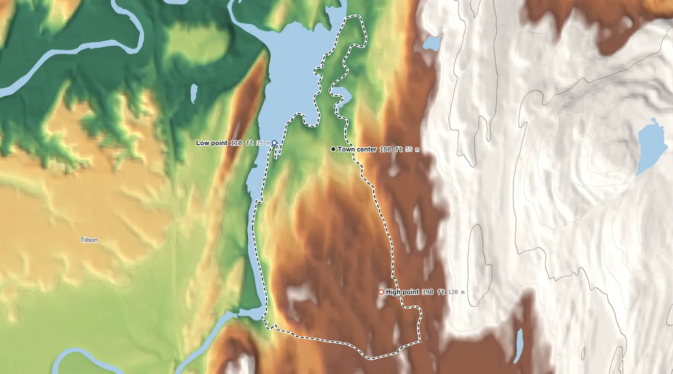 Topographic elevation map of Rifton, New York, shaded from 110 ft on the west side to 390 ft at the foot of the Marlboro Mountains