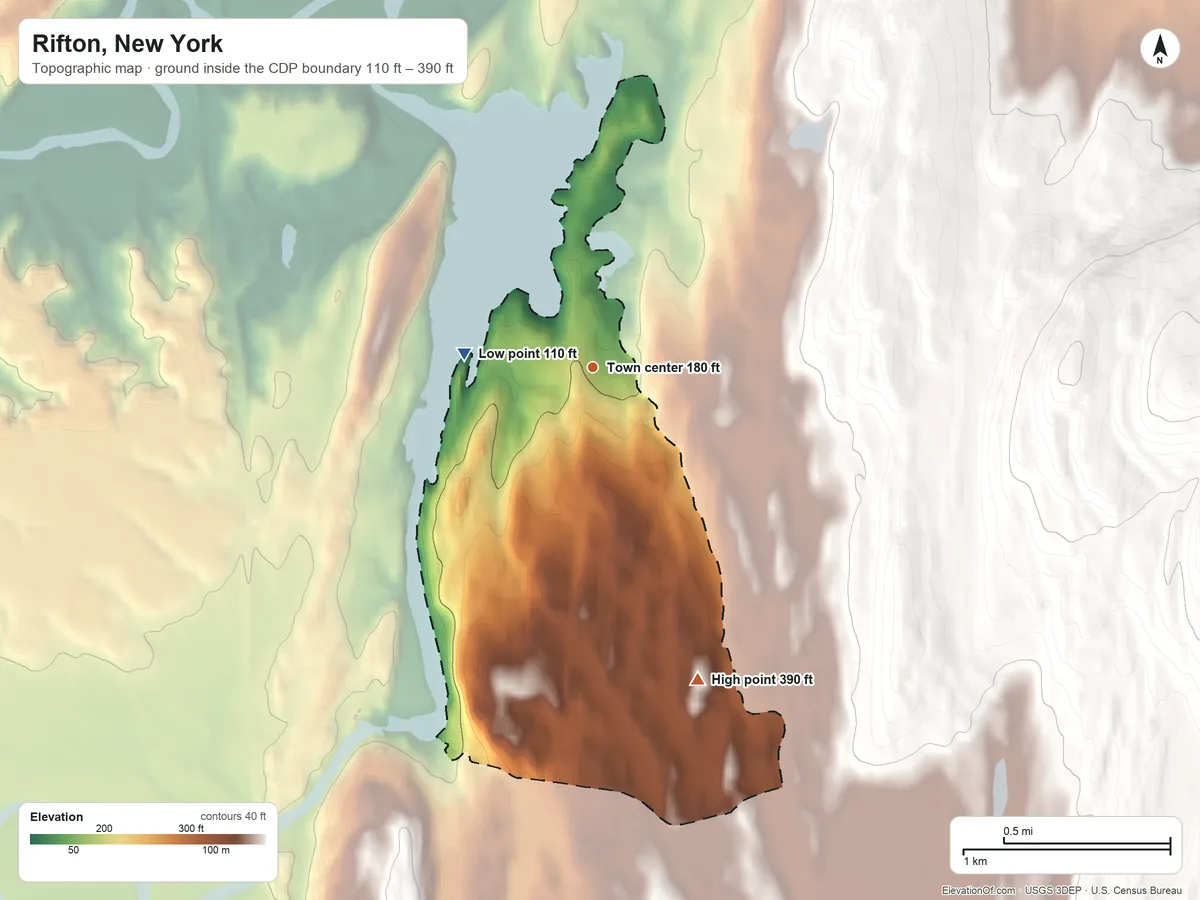 Topographic elevation map of Rifton, New York, shaded from 110 ft on the west side to 390 ft at the foot of the Marlboro Mountains