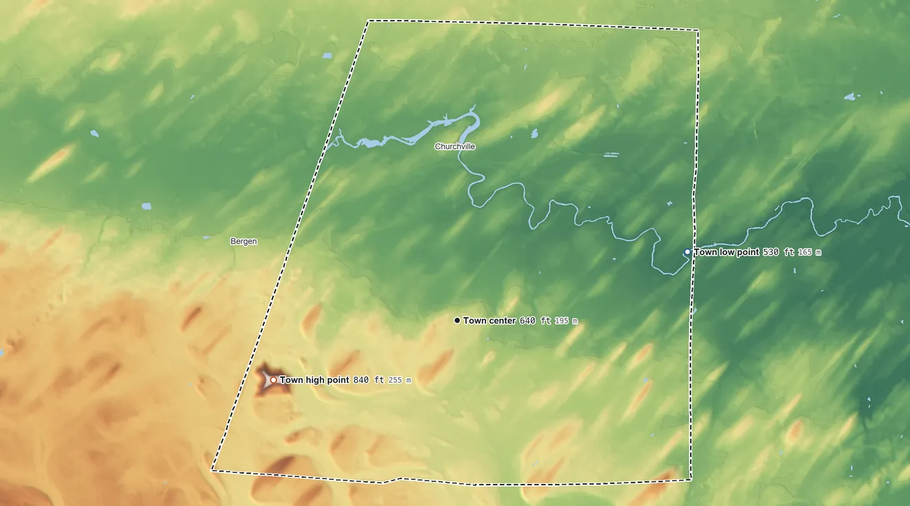 Topographic elevation map of Riga, New York, shaded from 530 ft on the east side to 840 ft on the west side