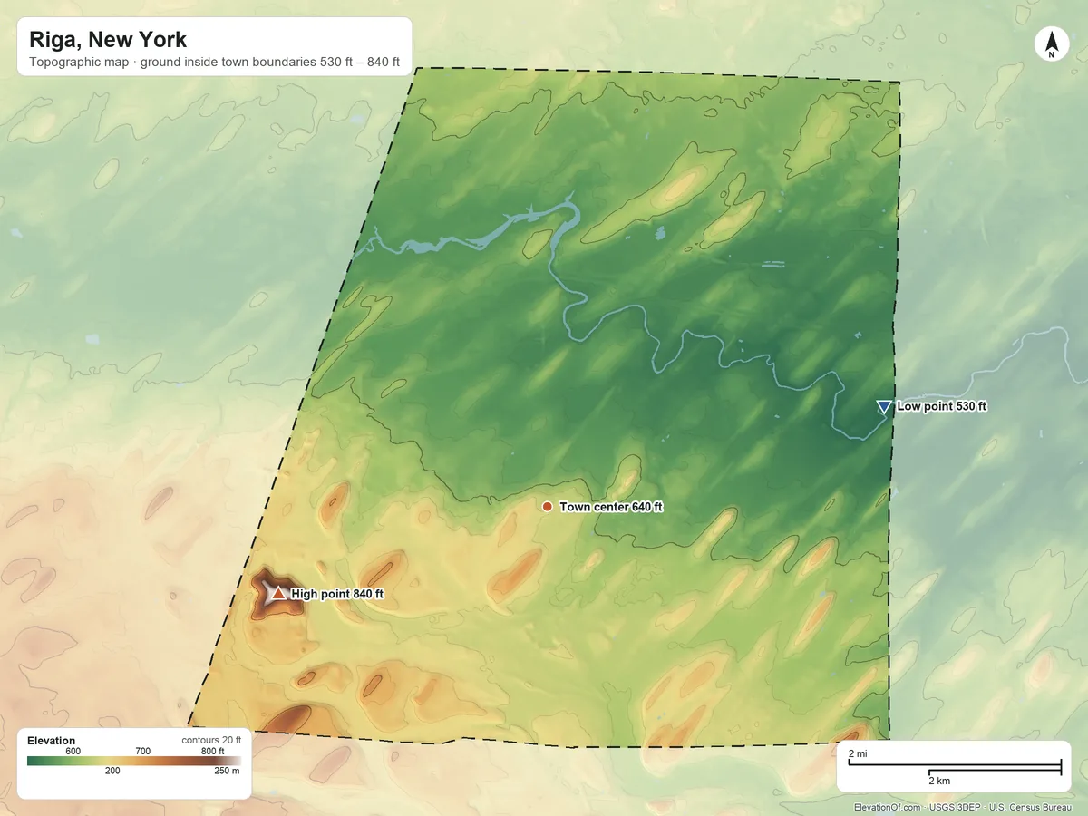 Topographic elevation map of Riga, New York, shaded from 530 ft on the east side to 840 ft on the west side
