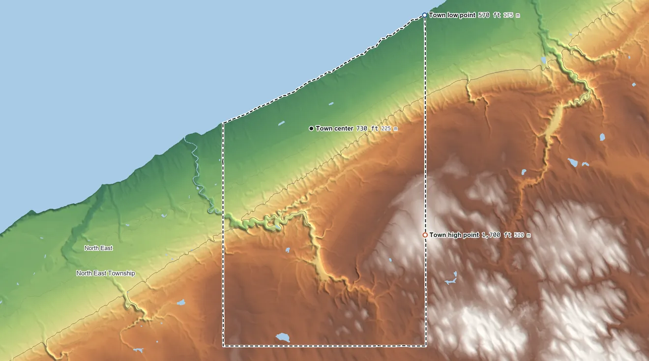 Topographic elevation map of Ripley, New York, shaded from 570 ft on the northeast side to 1,700 ft on the southeast side