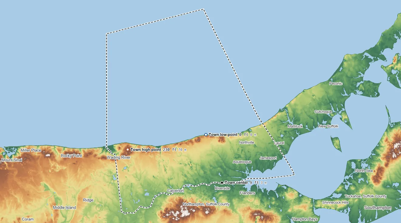 Topographic elevation map of Riverhead, New York, shaded from sea level level on Long Island Sound to 230 ft on the west side