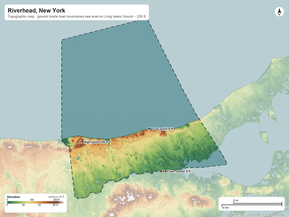 Topographic elevation map of Riverhead, New York, shaded from sea level level on Long Island Sound to 230 ft on the west side