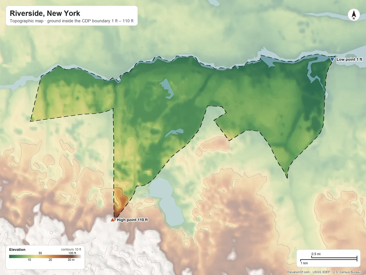Topographic elevation map of Riverside, New York, shaded from 1 ft on the northeast side to 110 ft on the southwest side