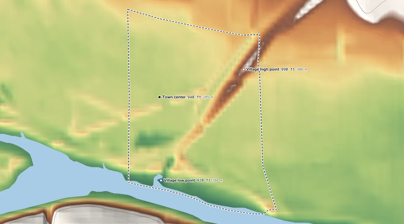 Topographic elevation map of Village of Riverside, New York, shaded from 920 ft on the south side to 990 ft on the east edge, below higher ground just outside