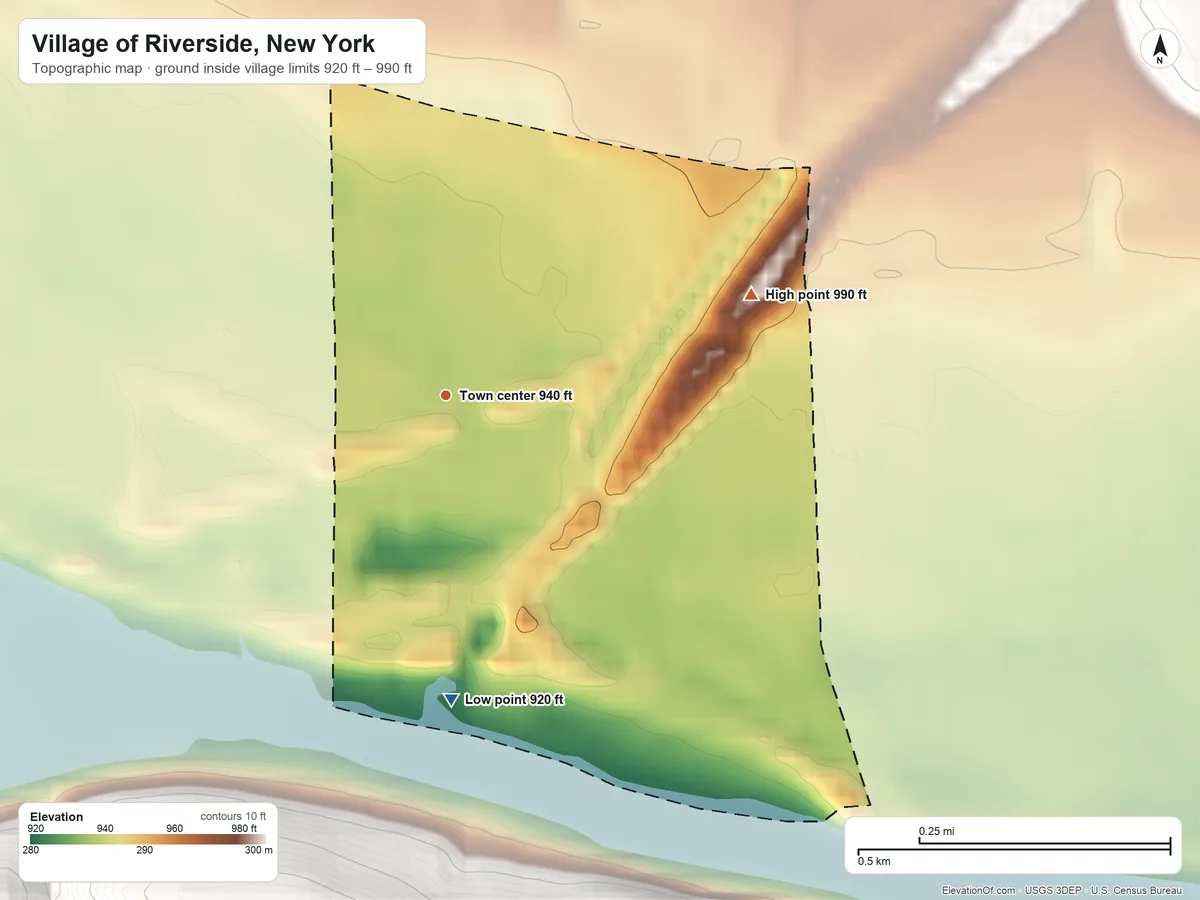 Topographic elevation map of Village of Riverside, New York, shaded from 920 ft on the south side to 990 ft on the east edge, below higher ground just outside
