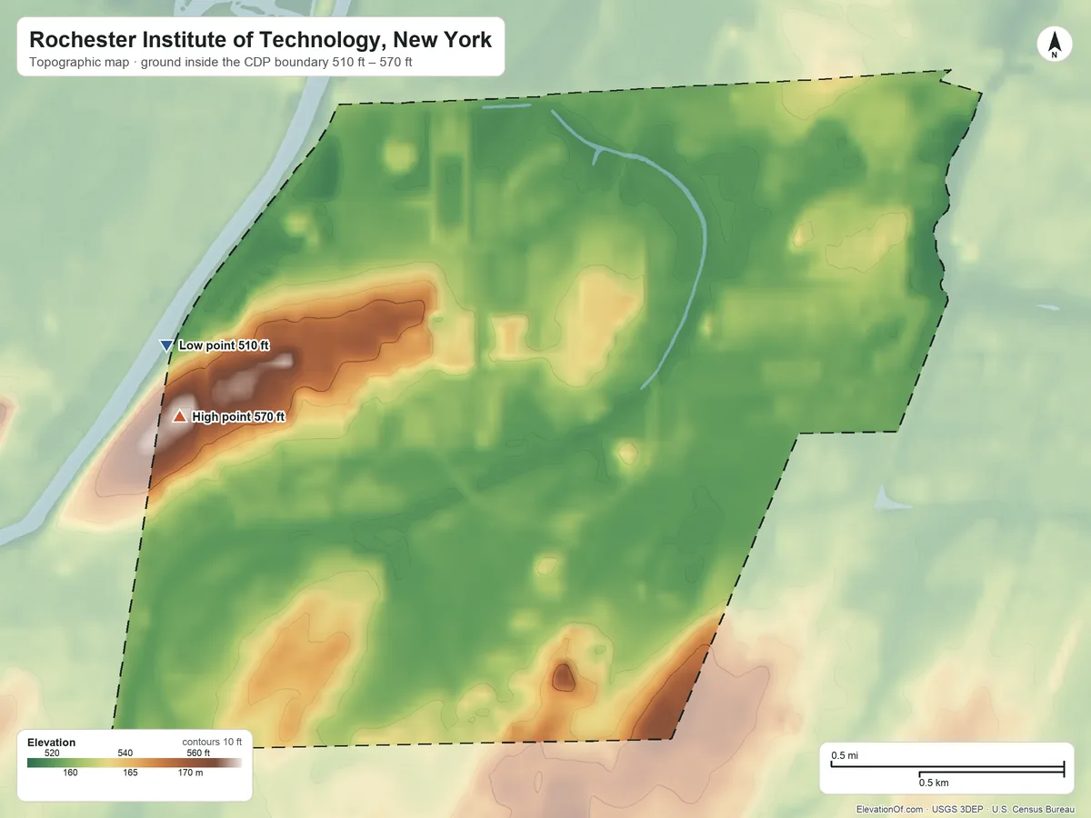 Topographic elevation map of Rochester Institute of Technology, New York, shaded from 510 ft on the west side to 570 ft on the west side