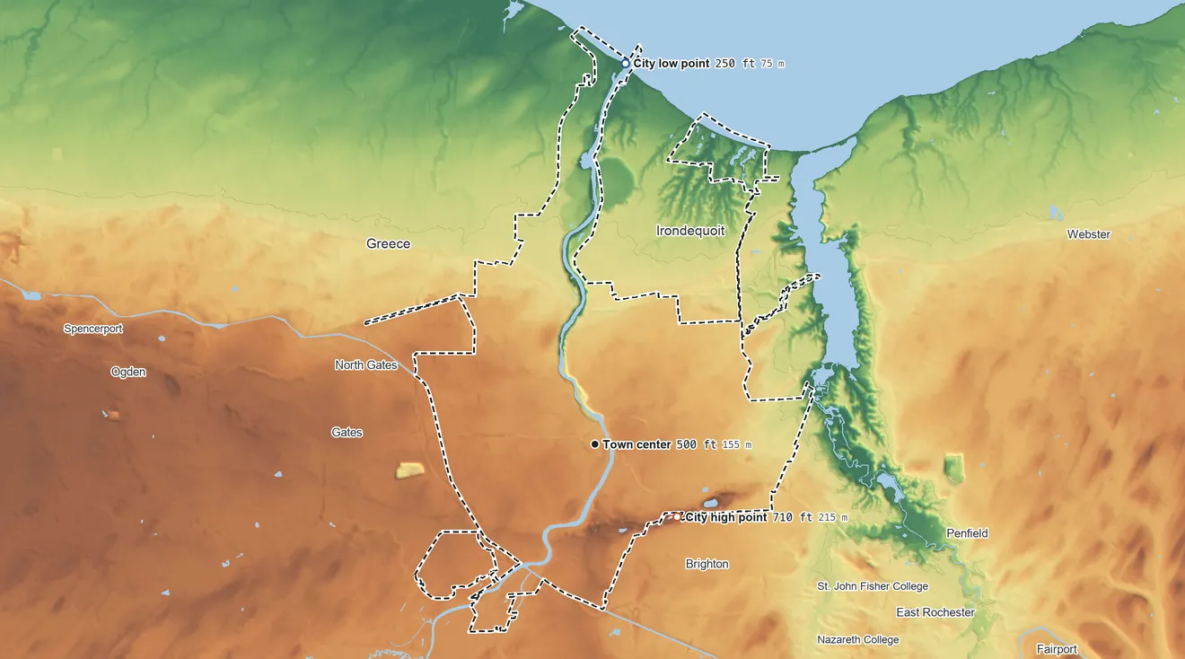 Topographic elevation map of Rochester, New York, shaded from 250 ft on the north side to 710 ft on the southeast edge, below higher ground just outside