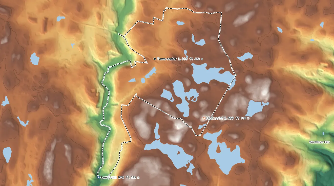 Topographic elevation map of Rock Hill, New York, shaded from 970 ft on the southwest side to 1,650 ft on the southeast side