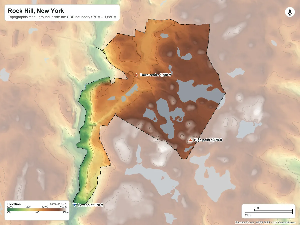 Topographic elevation map of Rock Hill, New York, shaded from 970 ft on the southwest side to 1,650 ft on the southeast side