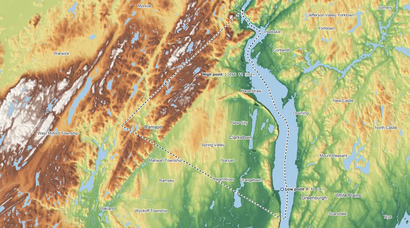 Topographic elevation map of Rockland County, New York, shaded from 0 ft on the southeast side to 1,266 ft on Jackie Jones Mountain