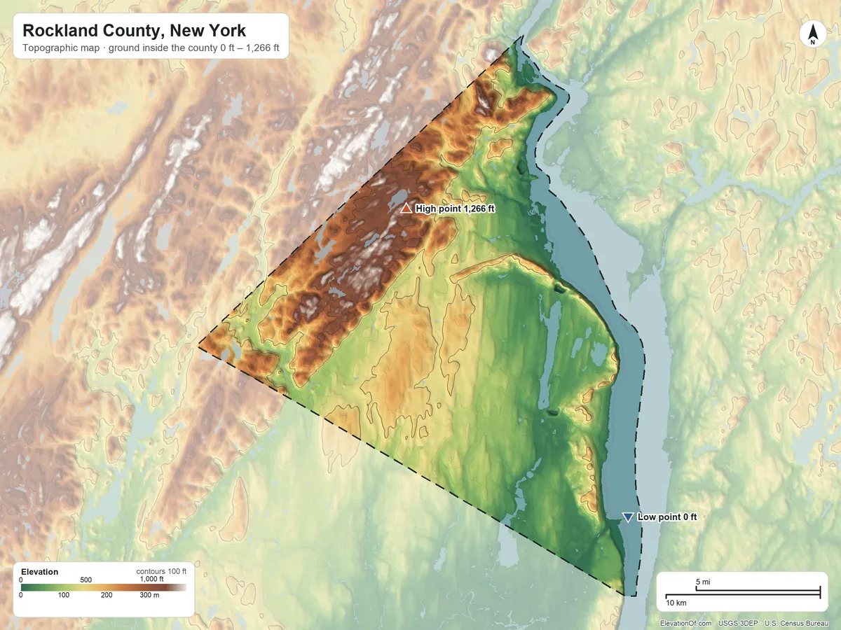 Topographic elevation map of Rockland County, New York, shaded from 0 ft on the southeast side to 1,266 ft on Jackie Jones Mountain