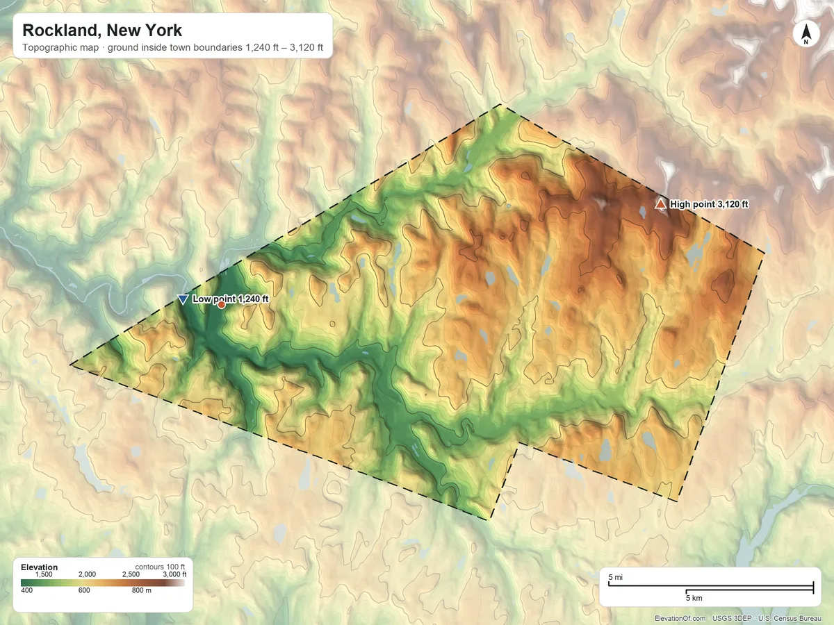 Topographic elevation map of Rockland, New York, shaded from 1,240 ft near the middle to 3,120 ft on the east side