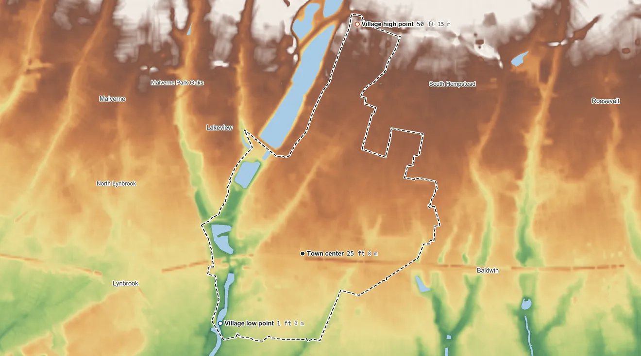 Topographic elevation map of Rockville Centre, New York, shaded from 1 ft on the southwest side to 50 ft on the north side