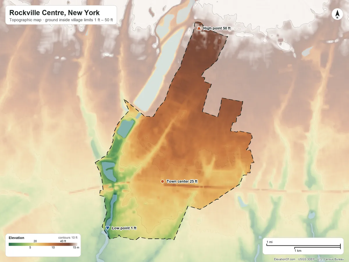 Topographic elevation map of Rockville Centre, New York, shaded from 1 ft on the southwest side to 50 ft on the north side
