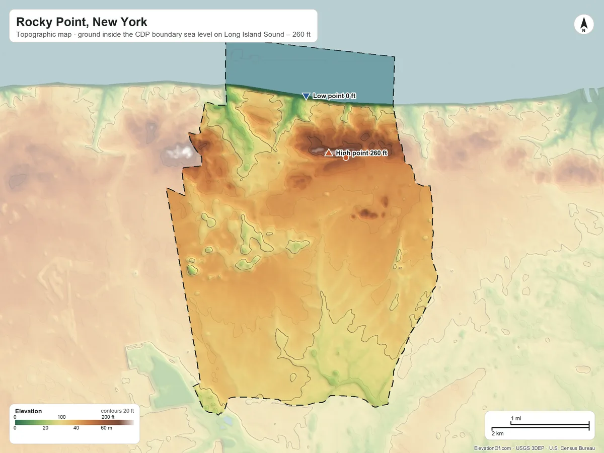 Topographic elevation map of Rocky Point, New York, shaded from sea level level on Long Island Sound to 260 ft near the middle