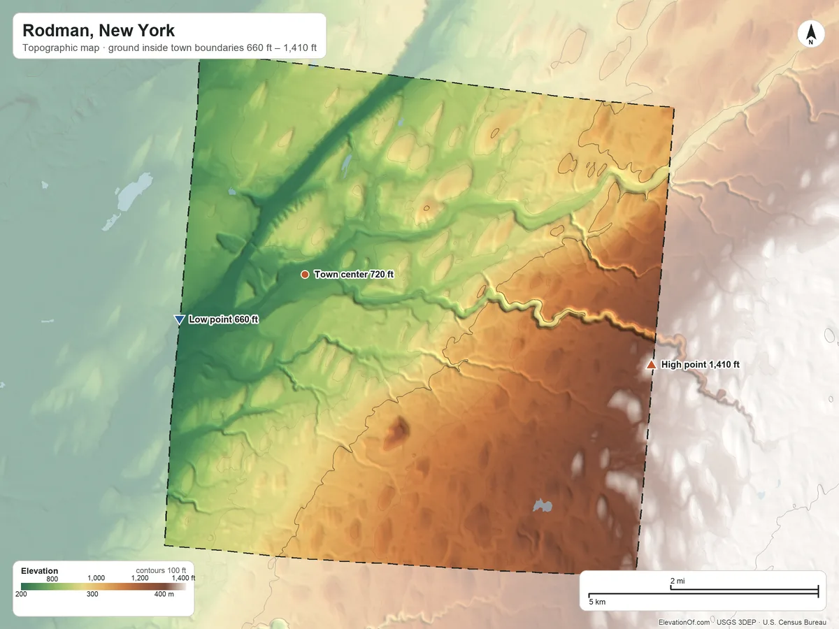 Topographic elevation map of Rodman, New York, shaded from 660 ft on the west side to 1,410 ft on the east side