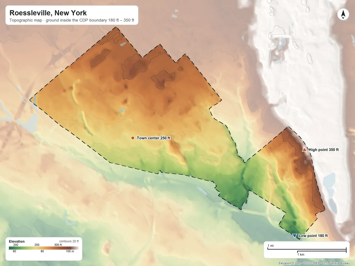 Topographic elevation map of Roessleville, New York, shaded from 180 ft on the southeast side to 350 ft on the east side