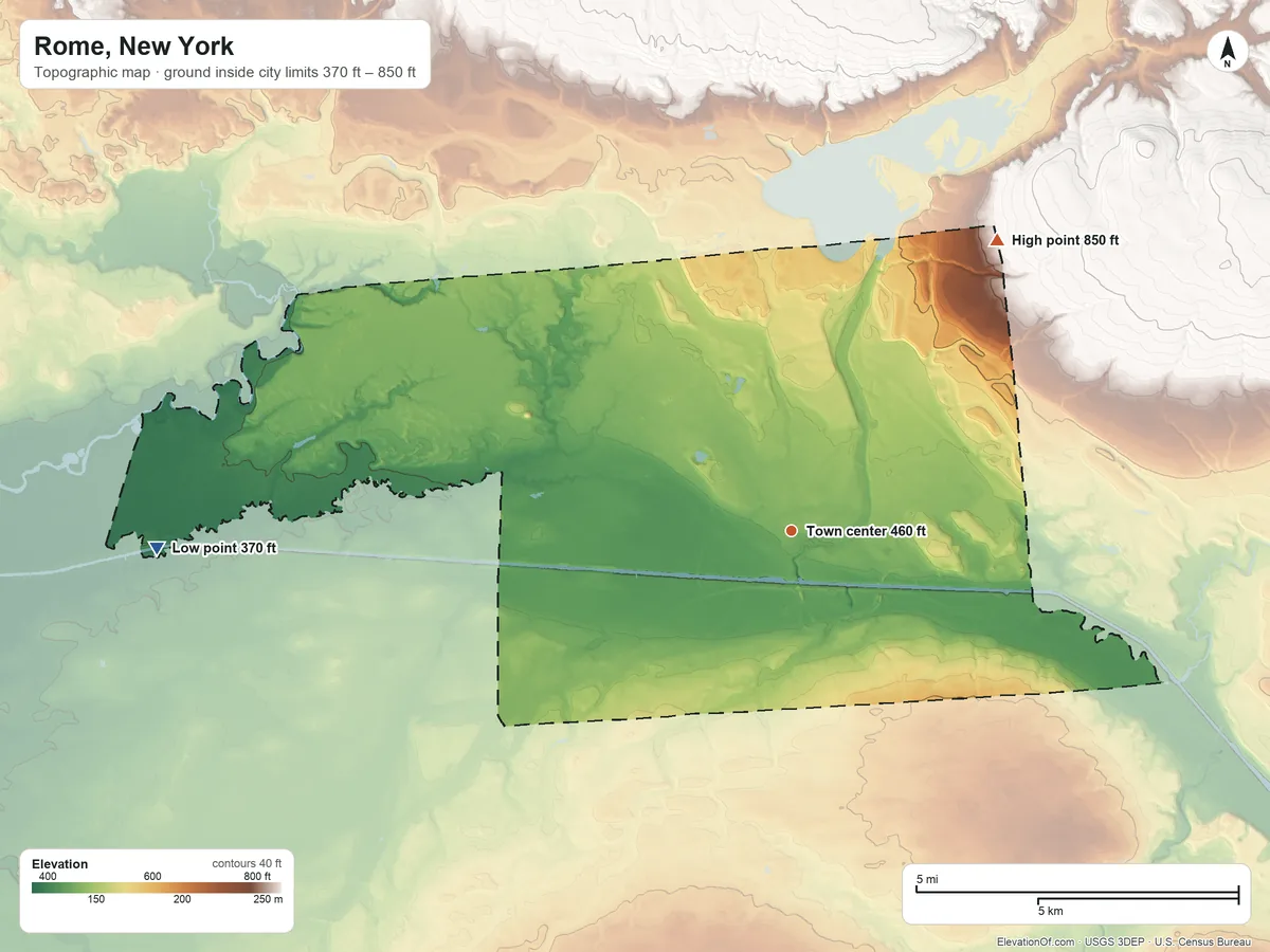 Topographic elevation map of Rome, New York, shaded from 370 ft on the west side to 850 ft on the northeast side