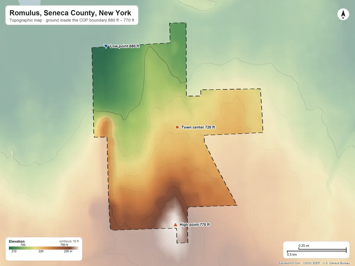 Topographic elevation map of Romulus, Seneca County, New York, shaded from 680 ft on the northwest side to 770 ft on the south side