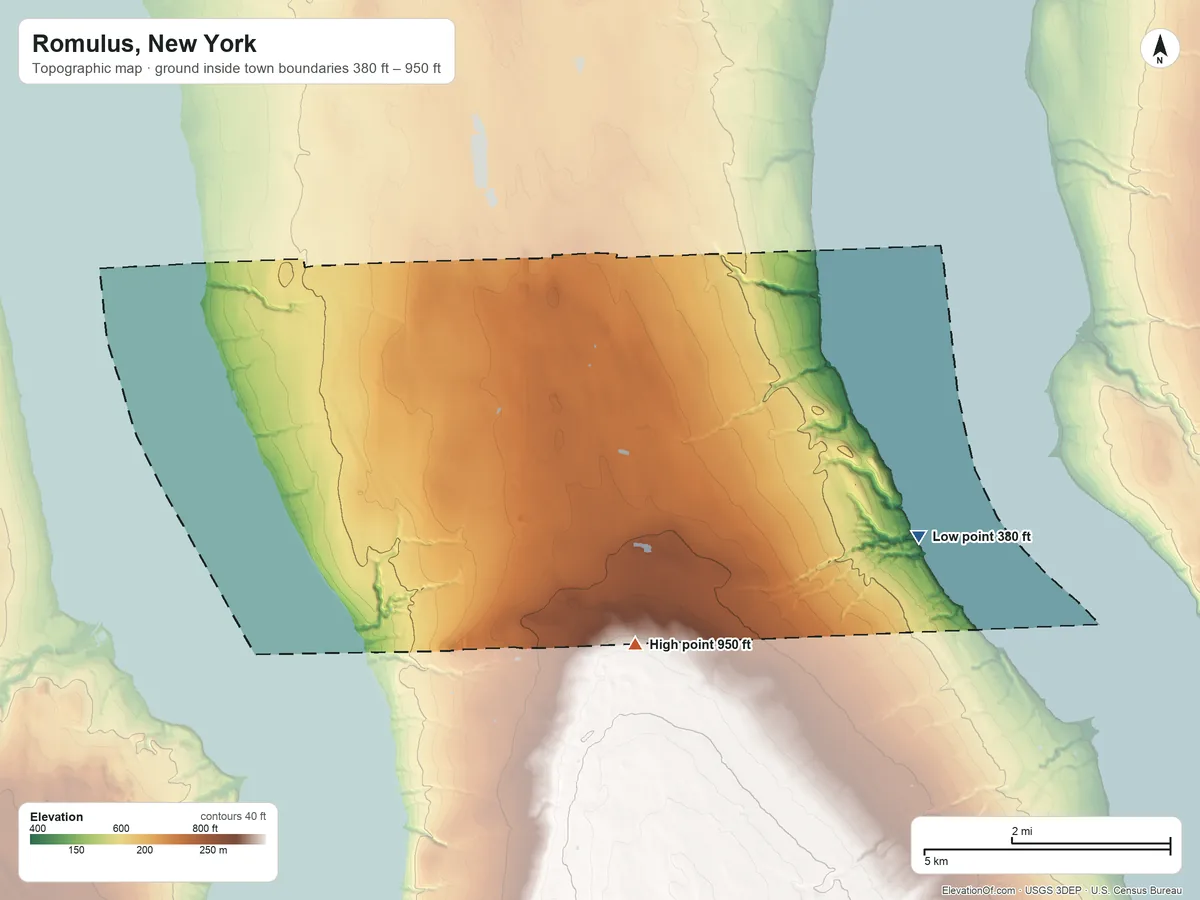 Topographic elevation map of Romulus, New York, shaded from 380 ft on the east side to 950 ft on the south side
