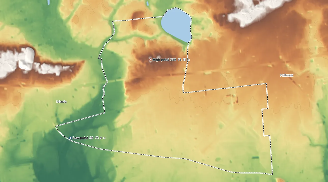 Topographic elevation map of Ronkonkoma, New York, shaded from 30 ft on the southwest side to 180 ft near the middle