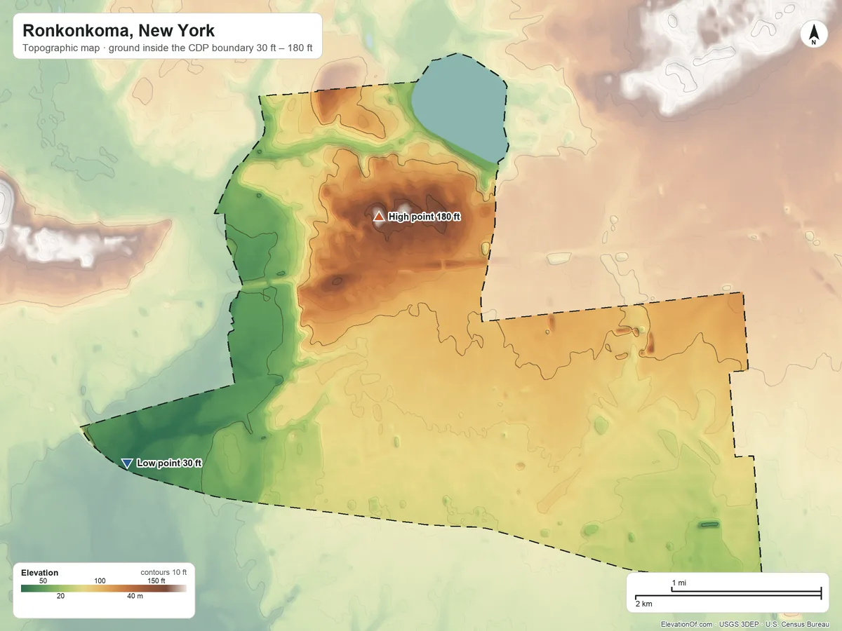 Topographic elevation map of Ronkonkoma, New York, shaded from 30 ft on the southwest side to 180 ft near the middle
